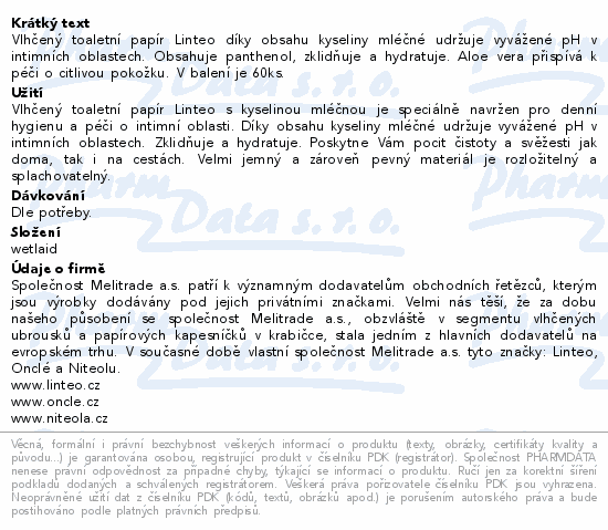 Linteo Vlhčený toaletní papír s kys.mléčnou 60ks