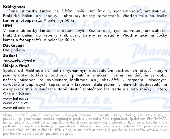 LINTEO Vlhčené ubrousky na brýle 50ks