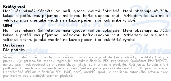 Allnature Hořká čokoláda 70% pecičky 500g