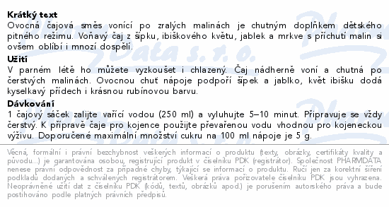 LEROS Dětský čaj Malinka 6m 20x2g