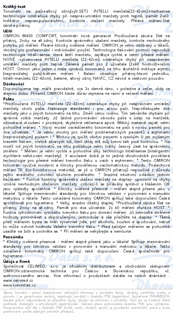 Tonometr OMRON M400 Comfort pažní+sít.zdroj