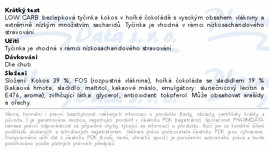 LOW CARB tyčinka kokos v hoř.čokoládě 40g TOPNATUR