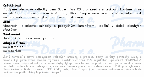 Seni Super Plus inkon.plenkové kalhotky XS 10ks