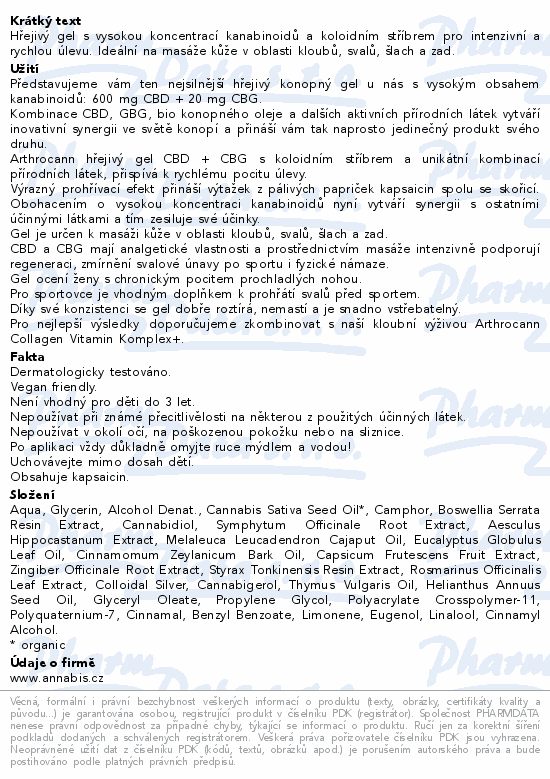 Annabis Arthrocann CBD+CBG masáž.hřejivý gel 75ml