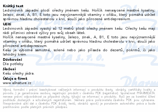 Allnature Kešu ořechy nepražené 1000g