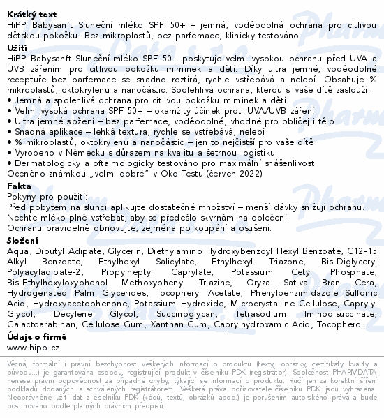 HiPP BabySANFT opalovací mléko SPF50+ 200ml
