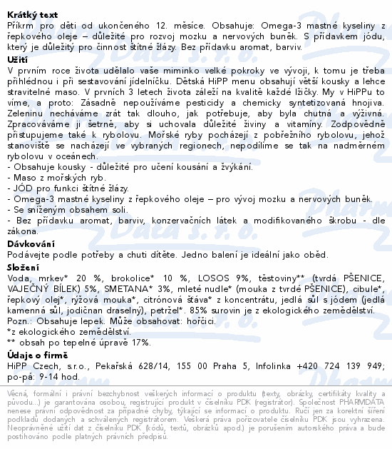 HiPP Těstoviny losos-brokolice-smetana 1r 250g